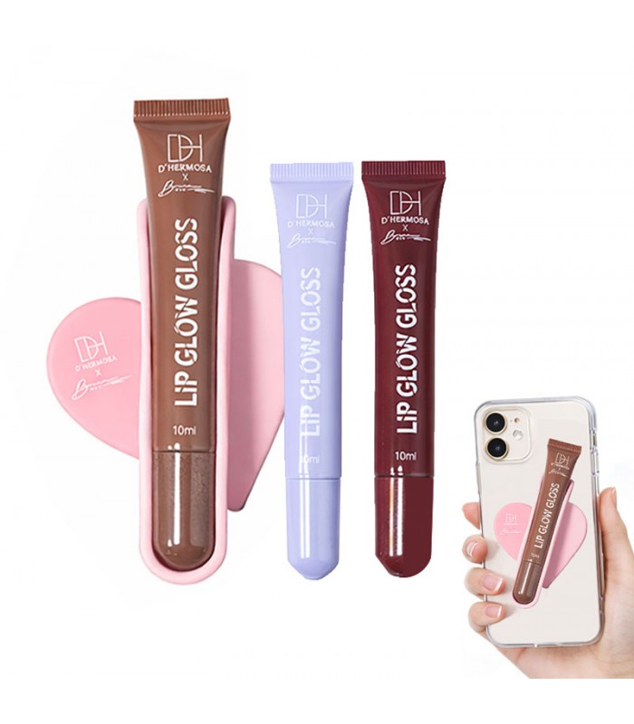 Set 3 Lip Glow Gloss Dhermosa | Brillo Hidratante + Porta Gloss Adhesivo